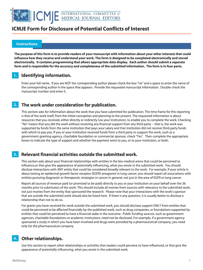 ICMJE Form for Disclosure of Potential Conflicts of Interest Acponline