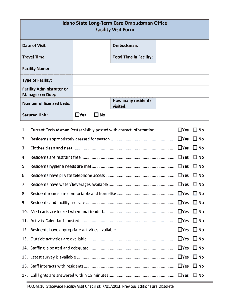  Idaho State Long Term Care Ombudsman Office Facility Visit Form  Aaani 2013-2024