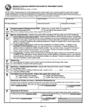 INDIANA PHYSICIAN ORDERS for SCOPE of TREATMENT POST  Form