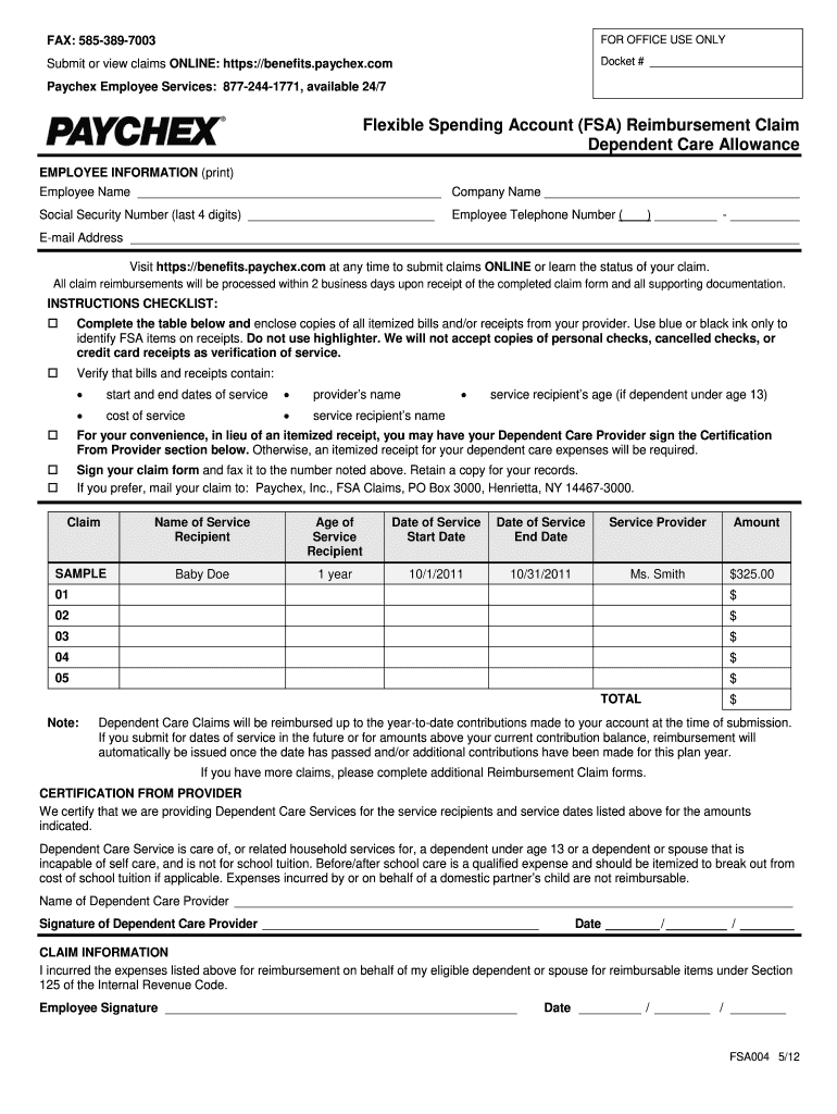  Paychex Dependent Care Reimbursement Form 2012-2024