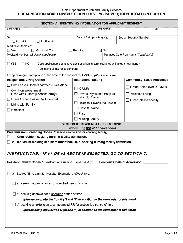  PASRR Identification Screen Ohio Department Mental Health and 2010