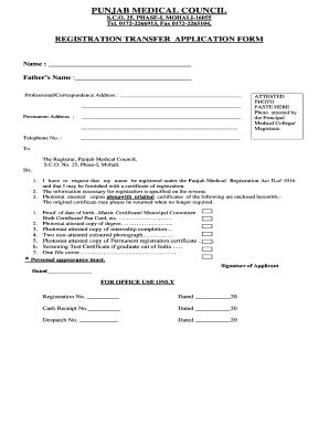 Punjabmedical Council Registration Transfer Doem Form