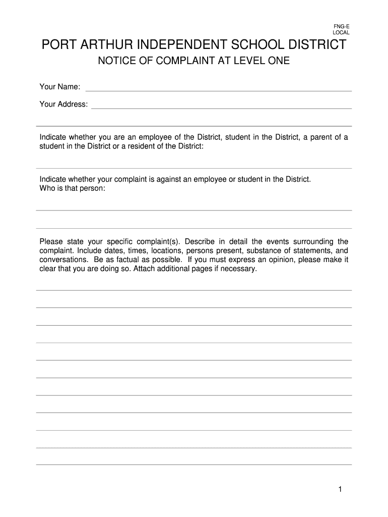 Grievance Complaint Form Level 1 Port Arthur ISD
