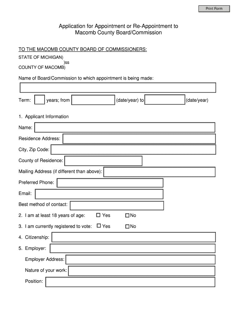 Application for Appointment or Re Appointment to  Macomb County  Form