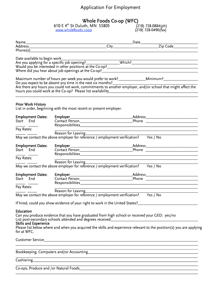  Whole Foods Online Job Application Form 2006