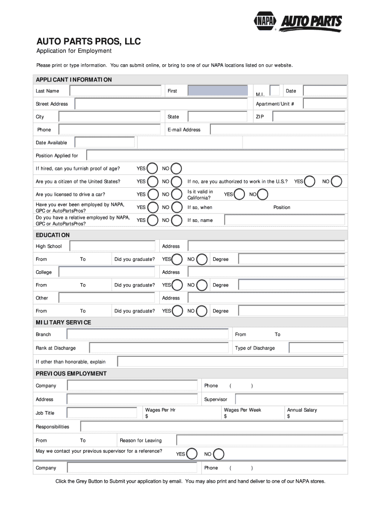 Napa Job Application PDF  Form