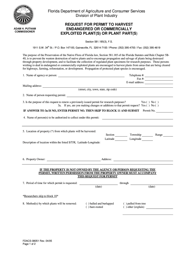  Request for Permit to Harvest Endangered or    Forms Freshfromfl 2005