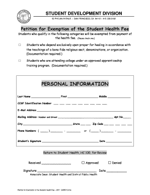 Petition for Exemption of the Health Fee Form PDF City College of Ccsf