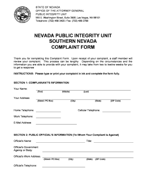 Nevada Public Integrity Unit Southern Nevada Complaint Form