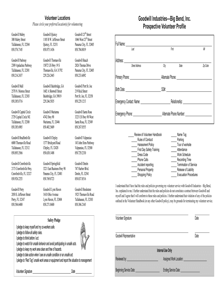 Goodwill Volunteer Handbook Goodwill Industries of the Big Bend  Form