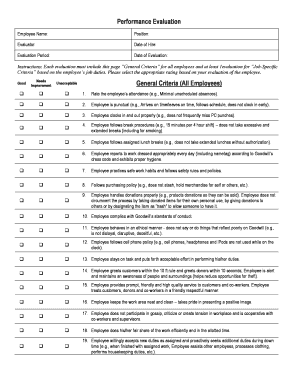 Job Specific Performance Evaluation with Job Coach Form Goodwill