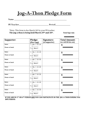 Jog a Thon Pledge Sheet  Form