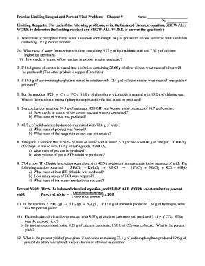 Percent Yield Practice Problems  Form