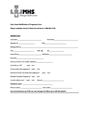 Pregnancy Notification Form PDF MHS WI