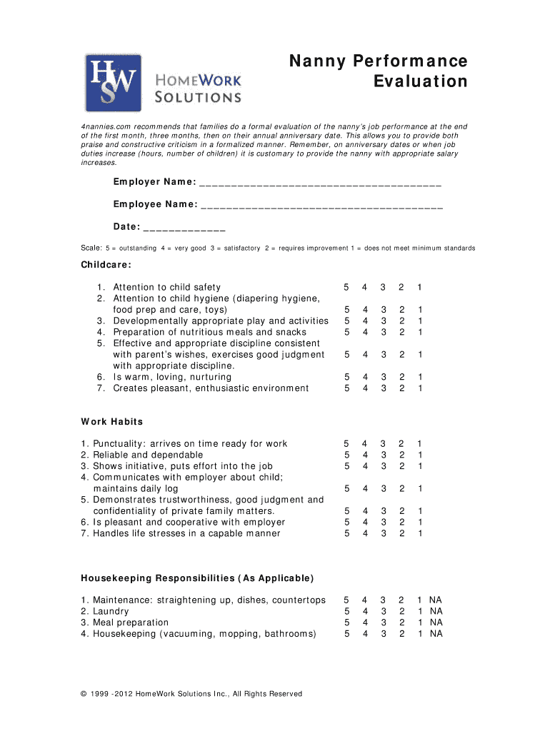 Nanny Performance Evaluation Form  Nanny Taxes