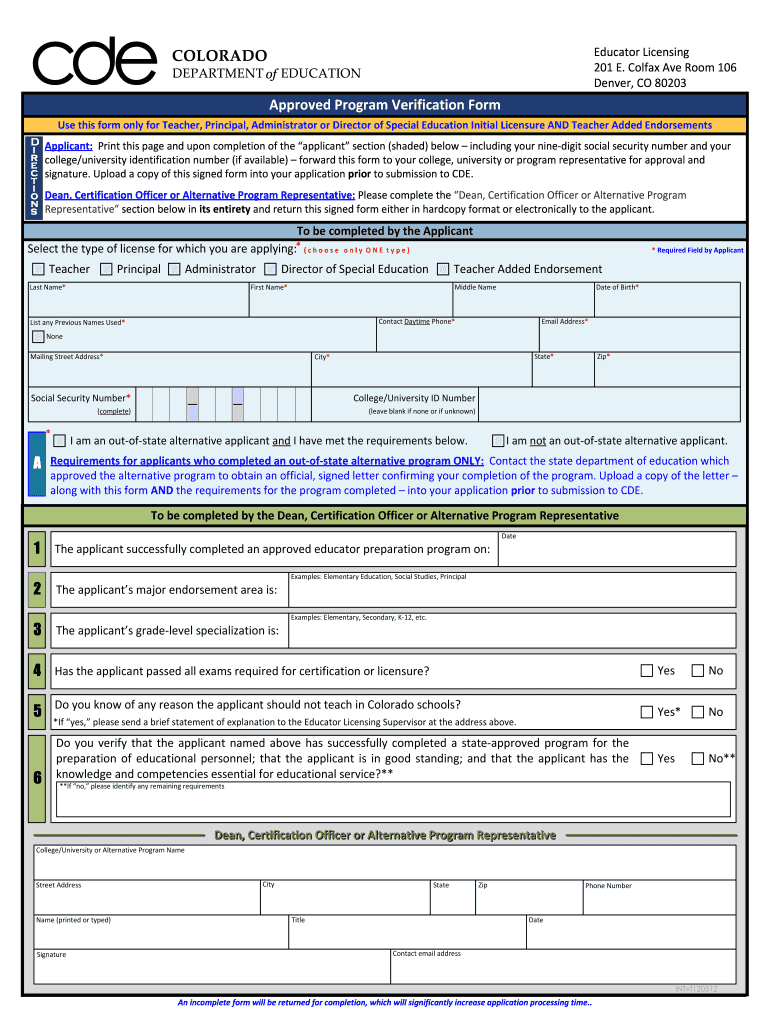  Colorado Approved Program Form 2012