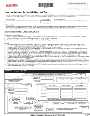 Immunisation &amp; Health Record Form Griffith University Griffith Edu