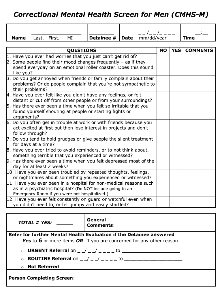 Correctional Mental Health Screening Sample Questions  Form