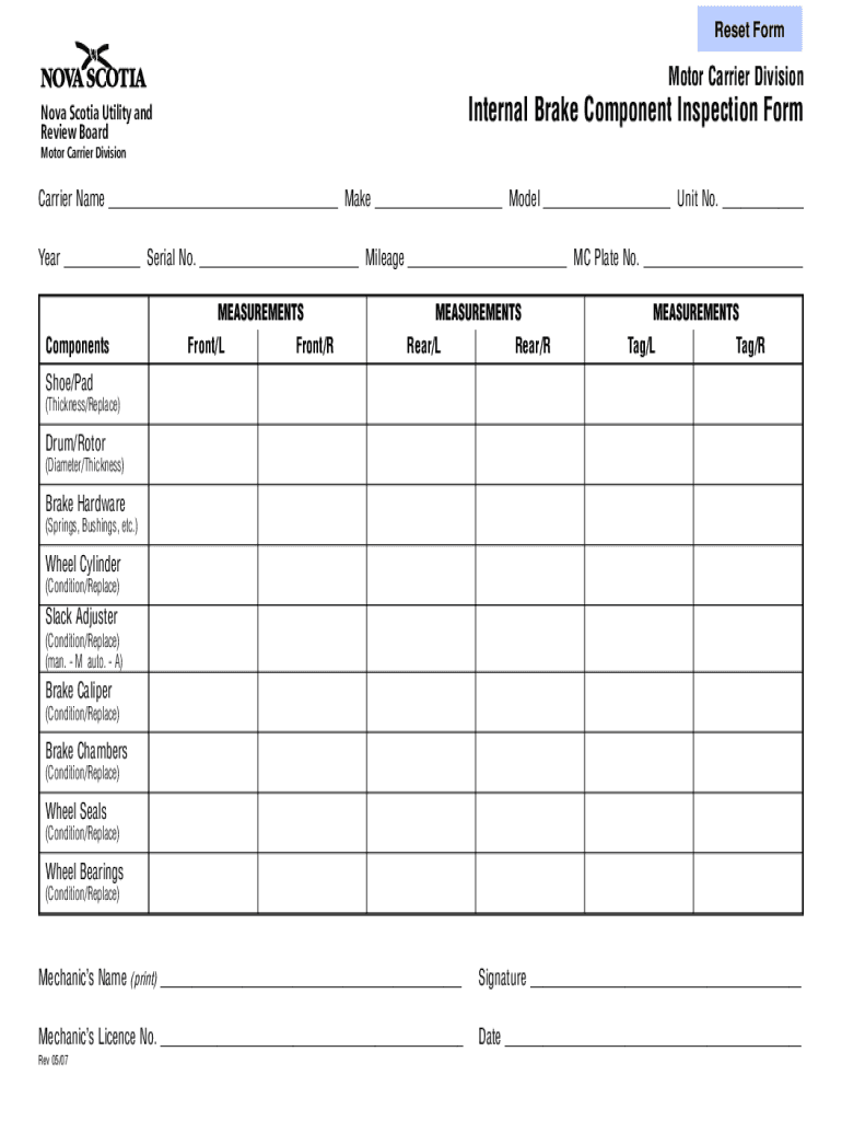  Internal Brake Component Inspection Form Nova Scotia Utility and Nsuarb Novascotia 2007