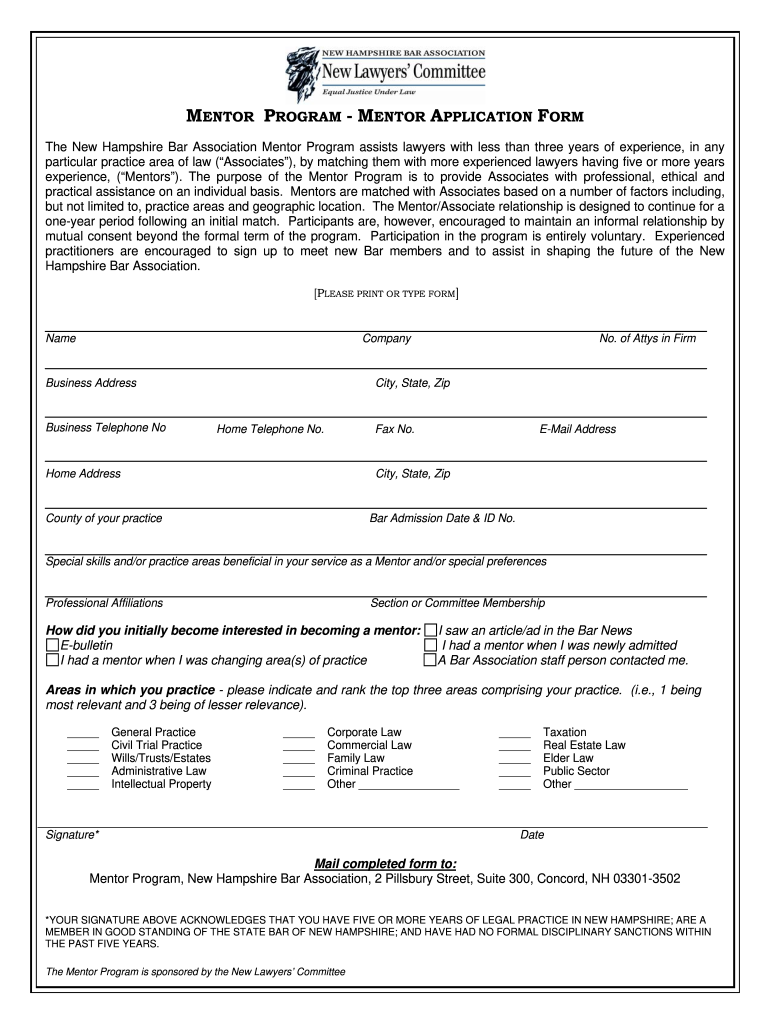 Mentor Program  Mentor Application Form  New Hampshire Bar    Nhbar