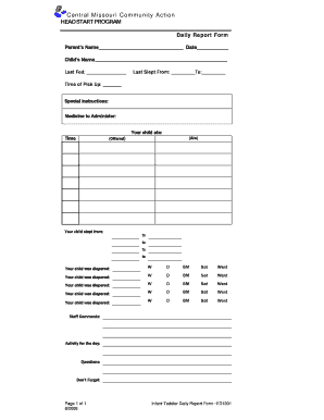 Infant Toddler Daily Report Form Central Missouri Community Action