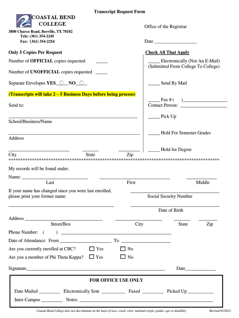  Coastal Bend College Transcript Request 2012-2024