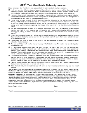 Ged Test Candidate Rules Agreement  Form