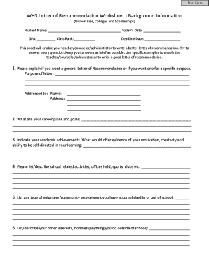 Letter of Recommendation Worksheet  Form