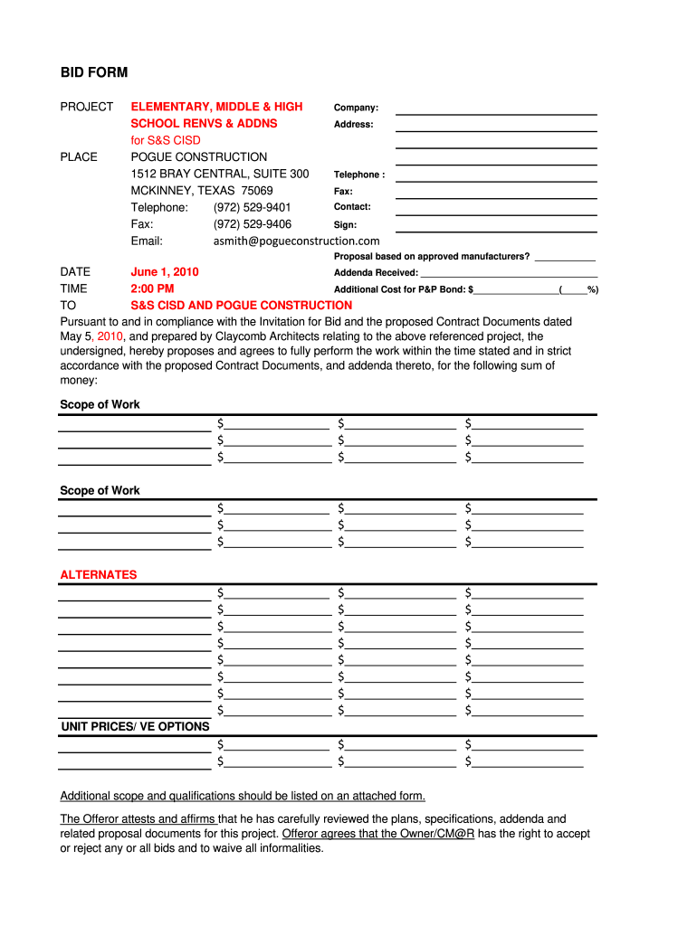 Get and Sign TEMPLATE Bid Form 2242010 Xlsm Pogue Construction 2010-2022