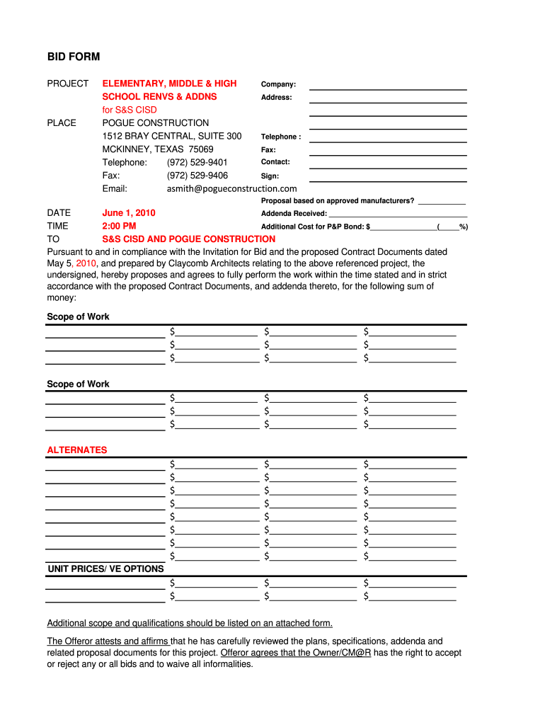  TEMPLATE Bid Form 2242010 Xlsm Pogue Construction 2010-2024