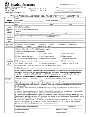 HealthPartners ROIS Use Only Release of Information Services Mail Stop 25510C PO Box 1490 Minneapolis, MN 554401490 Telephone 65