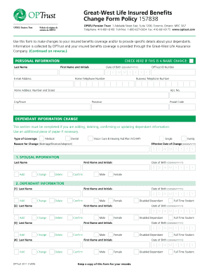 Great West Life Insured Benefits Change Form Policy 157838