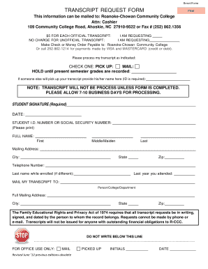 Roanoke Chowan Community College Transcript Request  Form