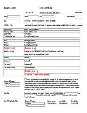 Bank of Baroda Paying in Slip for NEFTRTGS  Form