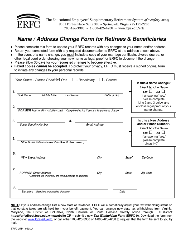  AddressName Change for RetireesBeneficiaries ERFC 29B Fcps 2013