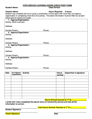 FCPS SERVICE LEARNING HOURS CHECK POINT FORM Student Fcps