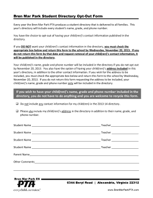 Bren Mar Park Student Directory Opt InOpt Out Form Fcps