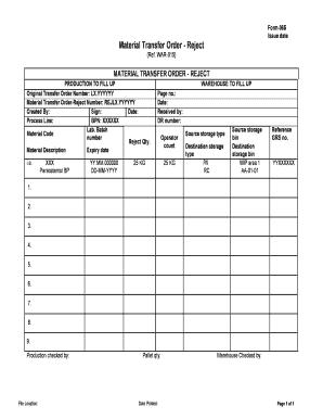 Form 065 Material Transfer Order Reject Form