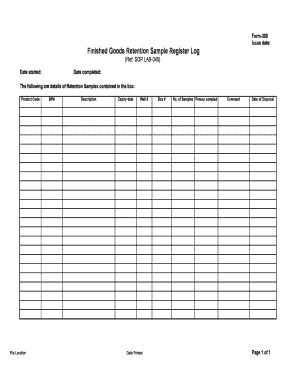 Form 300 Finished Goods Retention Sample Register Log