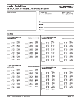 Synthes 6 5 7 3 Cannulated Screws Inventory  Form