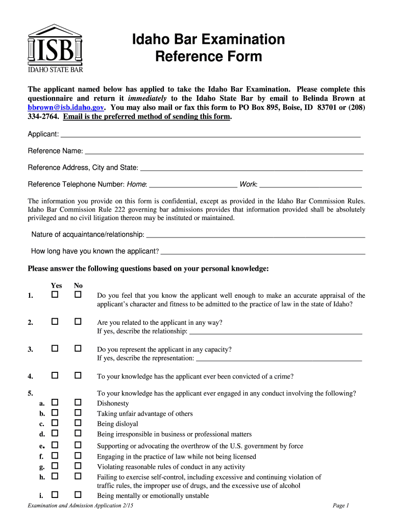  Idaho Bar Examination Reference Form  Idaho State Bar  Idaho Gov  Isb Idaho 2015