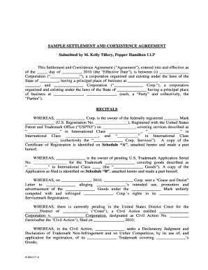 SAMPLE SETTLEMENT and COEXISTENCE AGREEMENT  Form