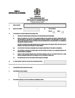 JAMAICA the COMPANIES ACT ARTICLES of INCORPORATION COMPANY LIMITED by SHARES Pursuant to Sections 8 &amp;amp  Form