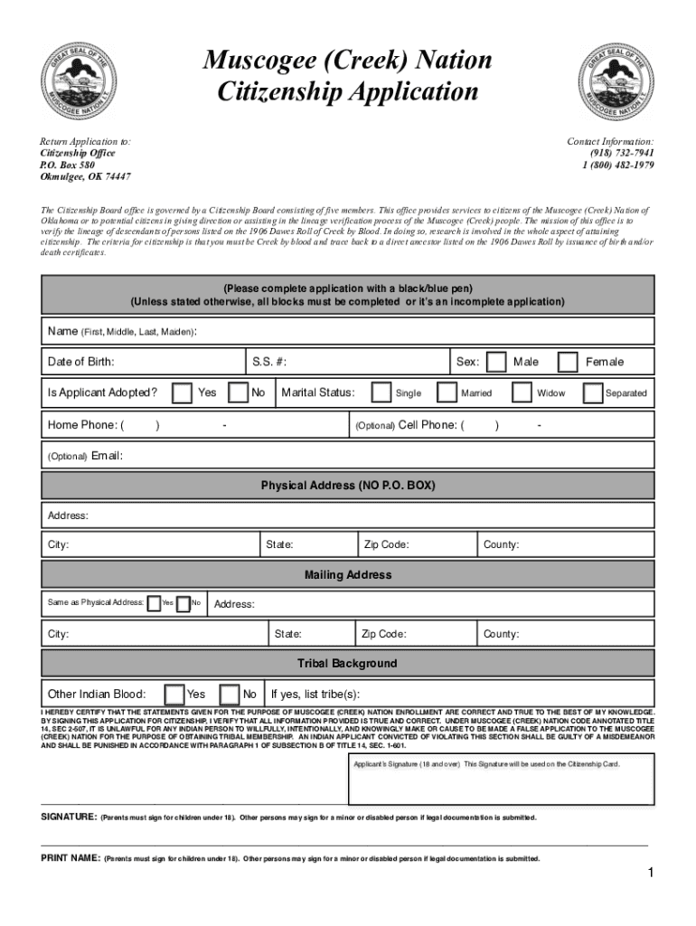 Creek Nation Citizenship Application  Form