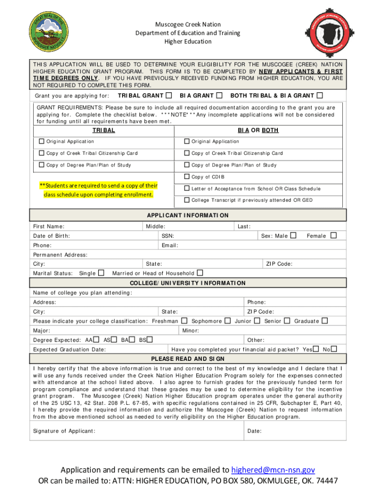 Higher Education Application Muscogee Creek Nation  Form