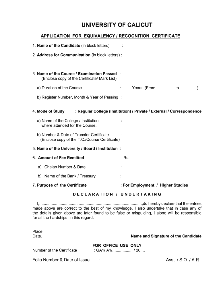 Calicut University Equivalency Certificate  Form