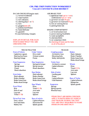 Cdl Pre Trip Inspection Worksheet Valley Center Water Bb ACWAJPIA  Form