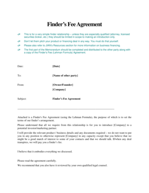 Finder S Fee Agreement This is a Sample Business Contract for Establishing the Terms of Payment of a Fee to a Finder for an Ange  Form