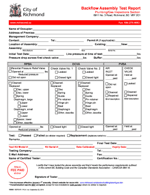 City of Richmond Backflow Test Report  Form