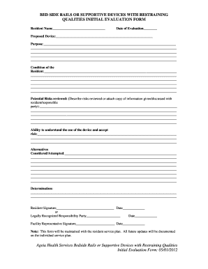 Bed Rail Evaluation Assessment  Form